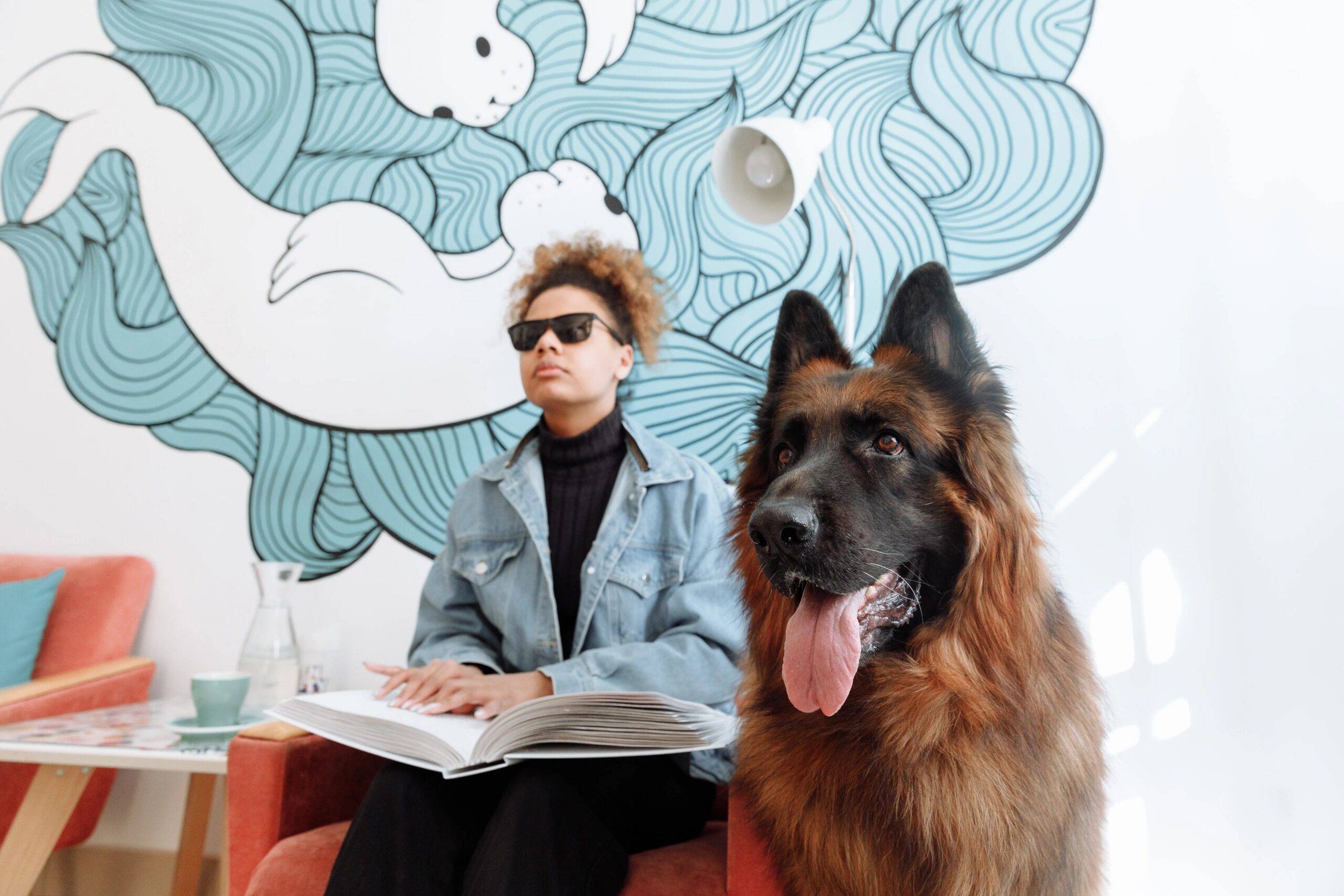 full service dog care The Woodlands - Blind woman reading a braille book with her German Shepherd guide dog indoors.