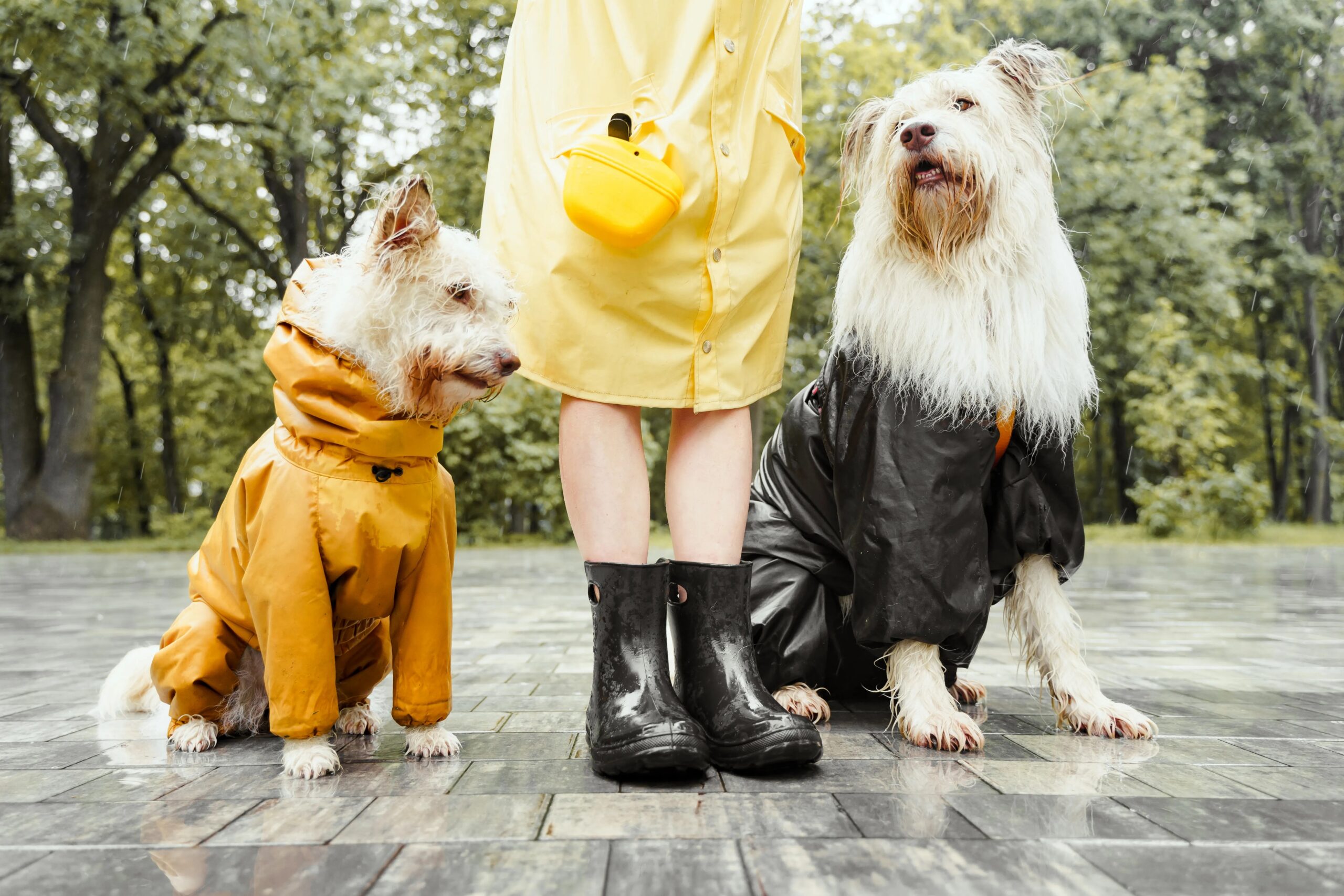 boarding for dogs spring tx - Person with two dogs in raincoats walking on wet pavement, showcasing pet care and rainy day adventures.